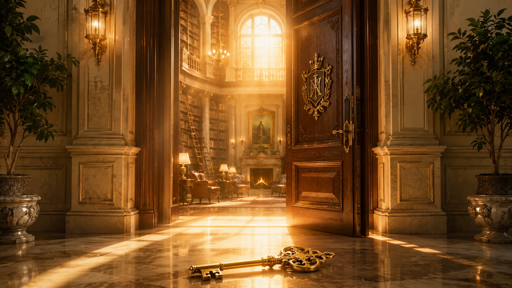 A gold key before the open doors of a grand private library