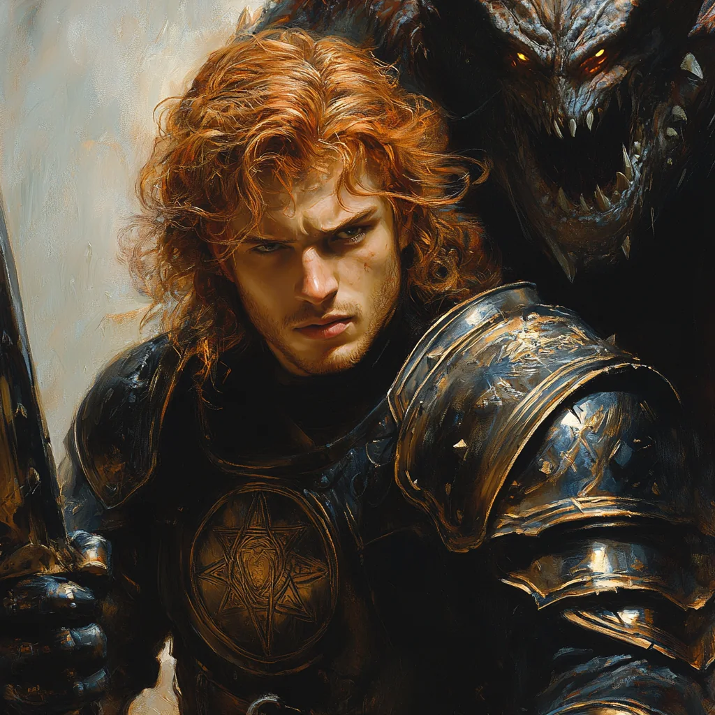 Sairus in dark armor with a shadowy creature behind him