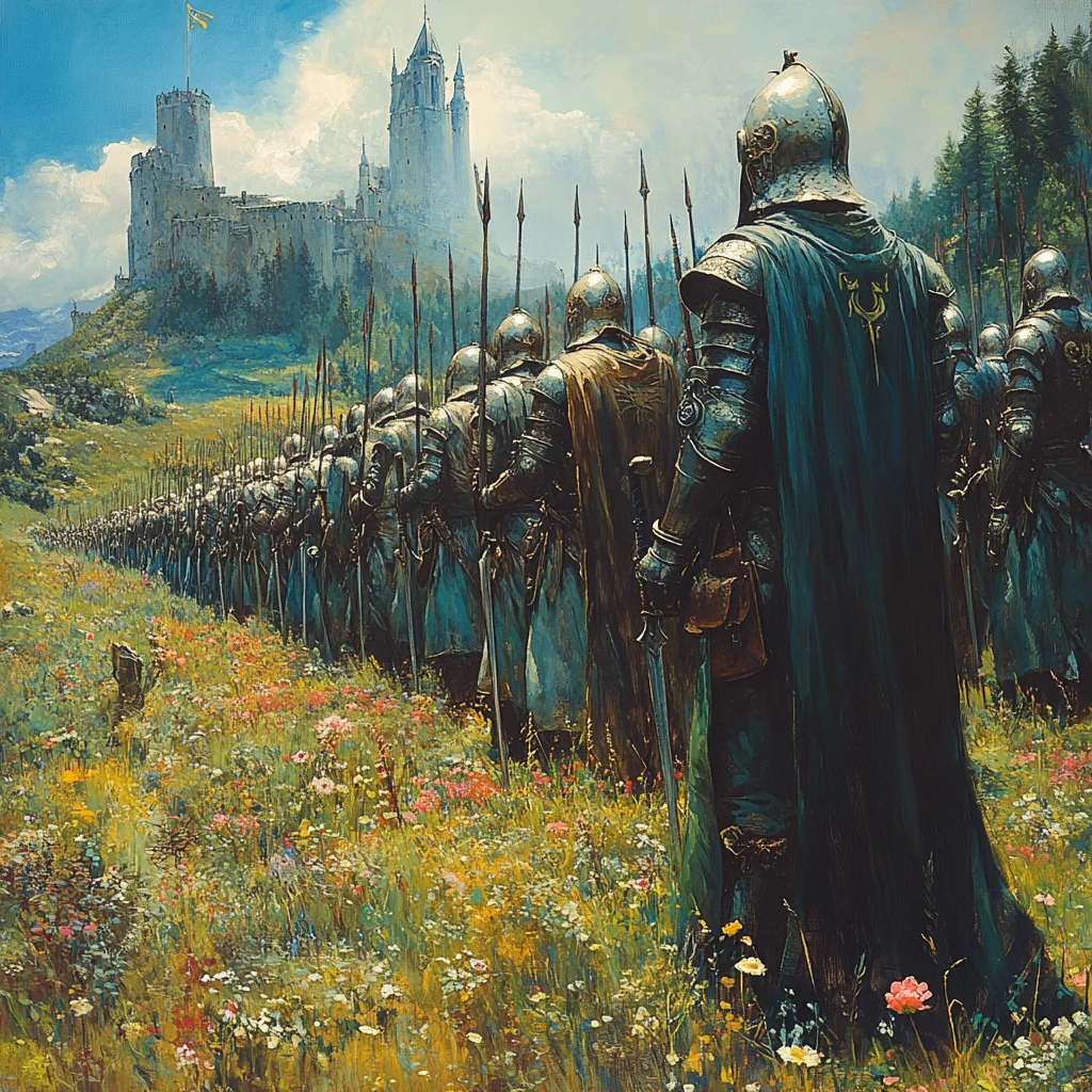 An army of armored warriors marching toward a distant castle